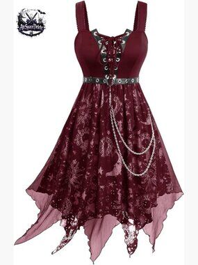 Plus Size Gothic Midi Dress with Chains Lace-up Sleeveless Sun Moon Stars
